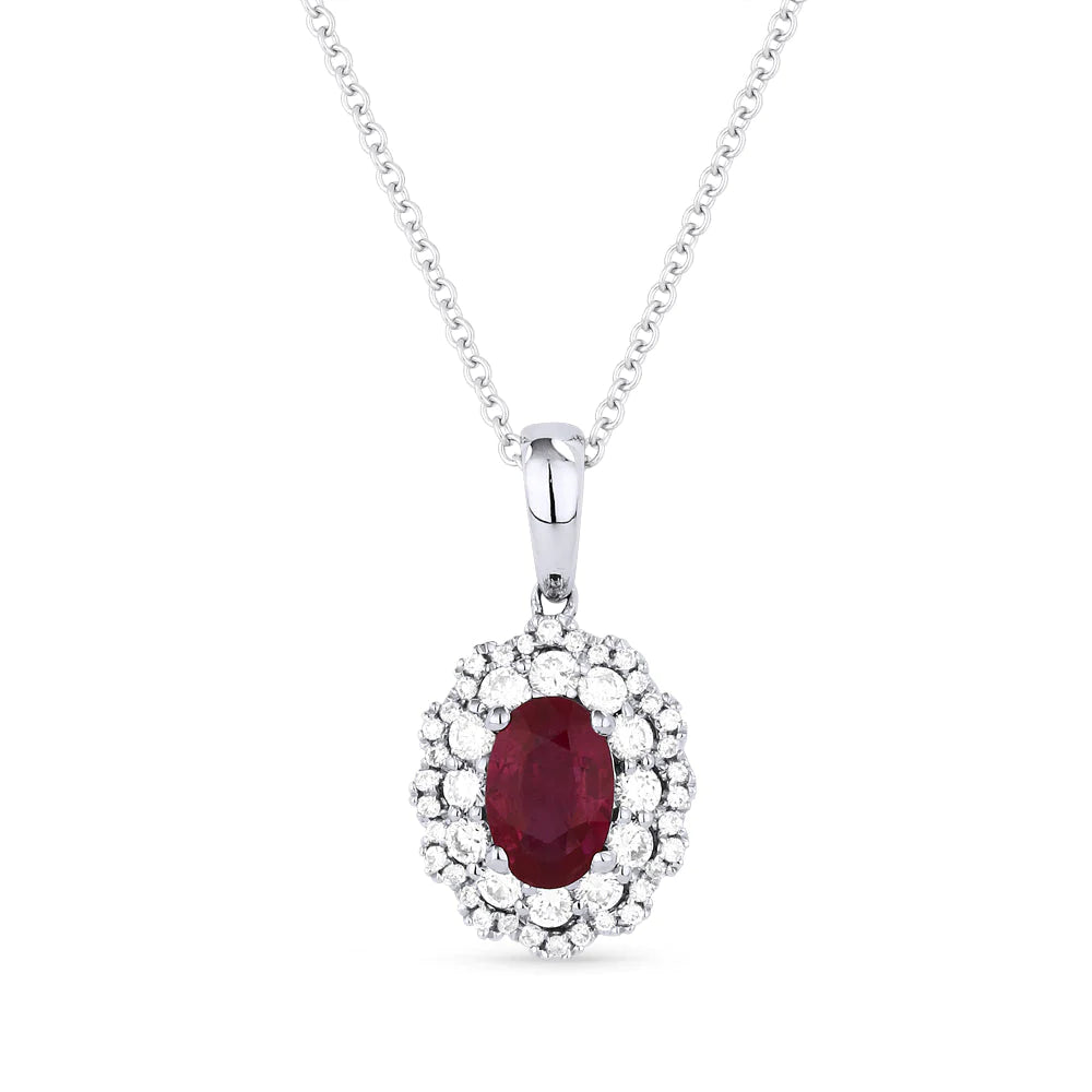 Oval Ruby Pendant with Double Diamond Halo