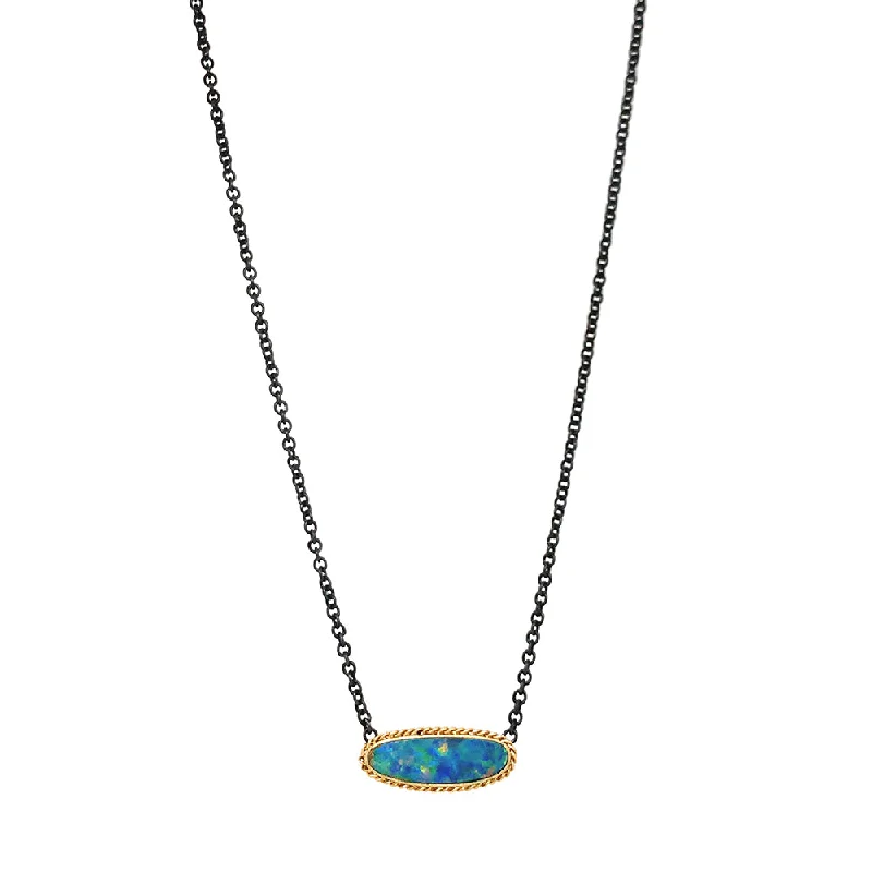 Sterling Silver & Yellow Gold Australian Opal Doublet Necklace - "Glowing Sea"