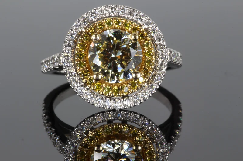 White and Yellow Gold VVS Yellow Diamond Halo Engagement Ring