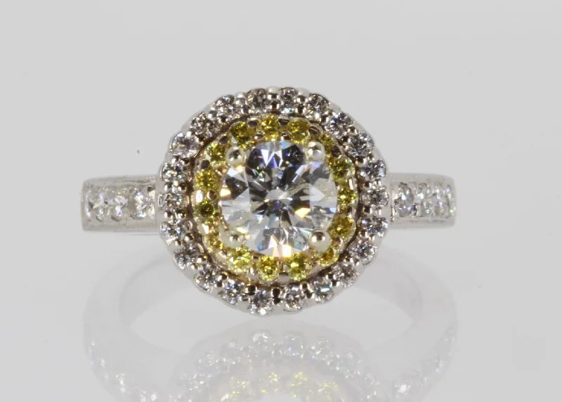 14K WHITE GOLD 1.20ctw G COLOR DIAMOND YELLOW HALO ENGAGEMENT RING SIZE 5.25