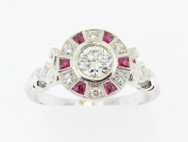 14K WHITE GOLD RUBY .60ctw DIAMOND SI1 VINTAGE STYLE ENGAGEMENT RING SIZE 6.5