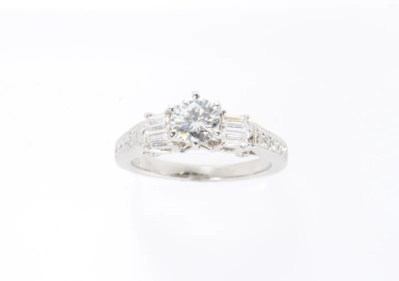 18K WHITE GOLD 1.14ctw ROUND & BAGUETTE DIAMOND ENGAGEMENT RING SIZE 6.5