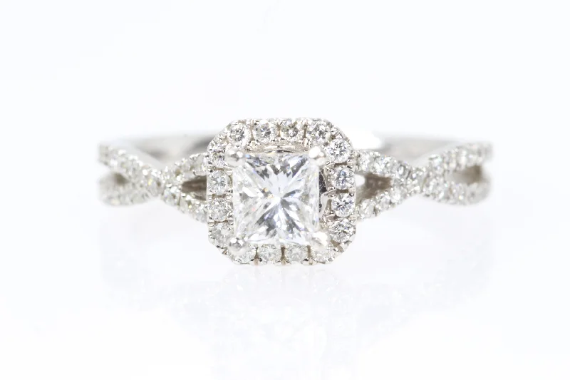 18K White Gold .46ct Princess Cut with Diamond Halo Engagement Ring