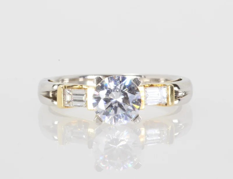 18K Two-Toned Round Semi Mount .15ct Baguette Diamond Engagement Ring