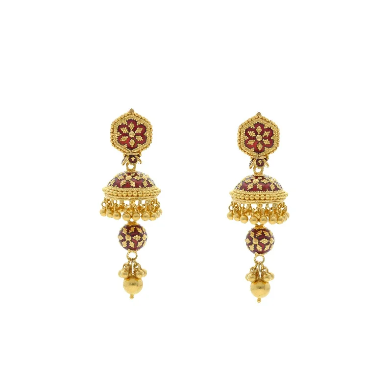 22K Yellow Gold Drop Earrings W/Meenakari Design, 20.6 grams