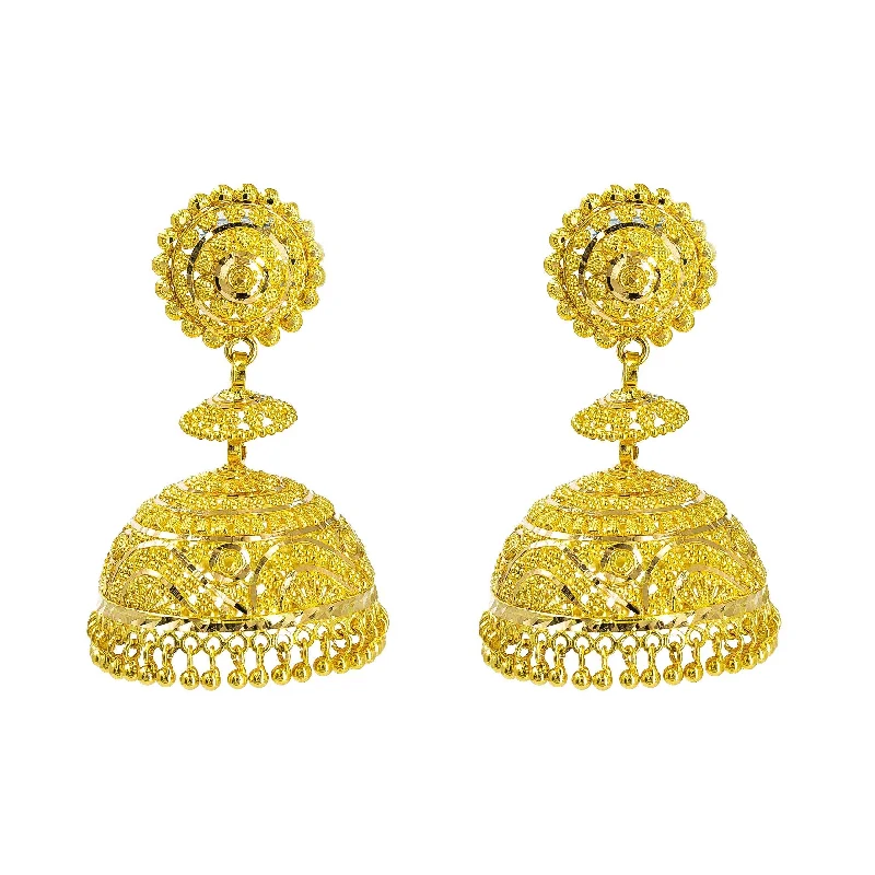 22K Yellow Gold Jhumki Earrings W/ Textured Design & Round Petaled Pendant