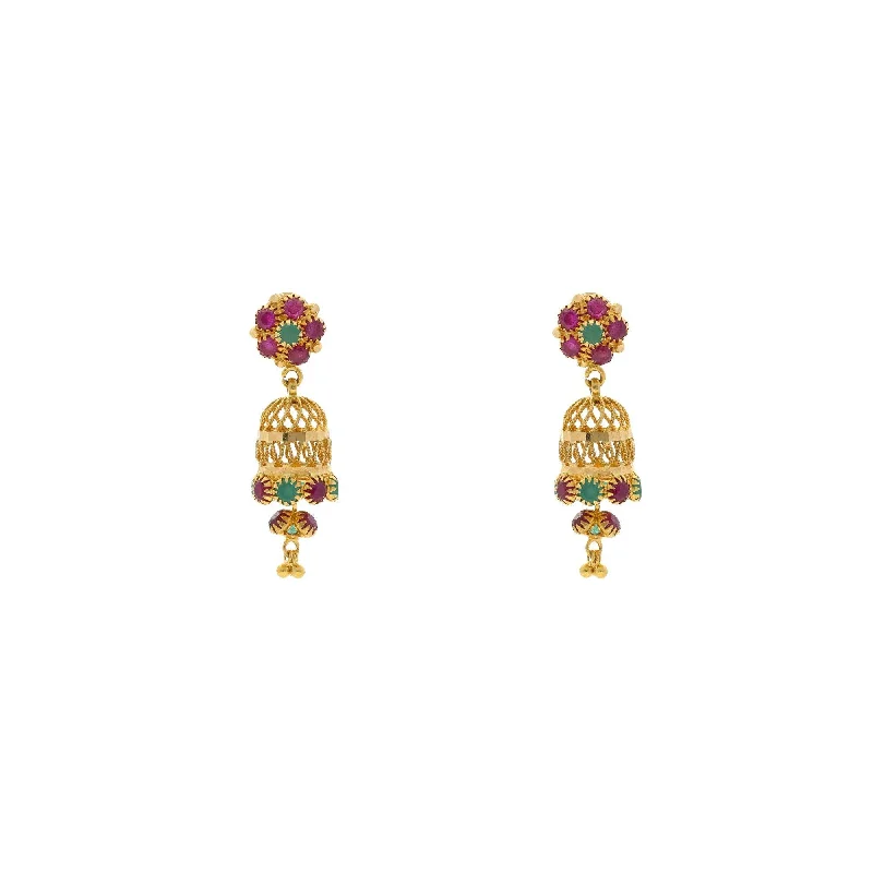 22K Yellow Gold Exotic Jhumka Drop Earrings W/ Emeralds & Rubies, 5.6 grams