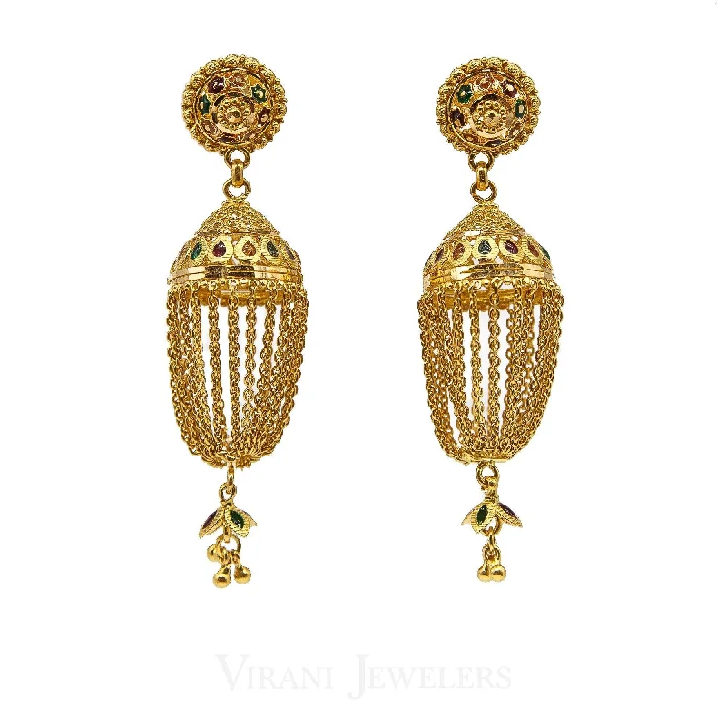 22K Yellow Gold Jhumki Drop Earrings W/ Hanging Link Tassels