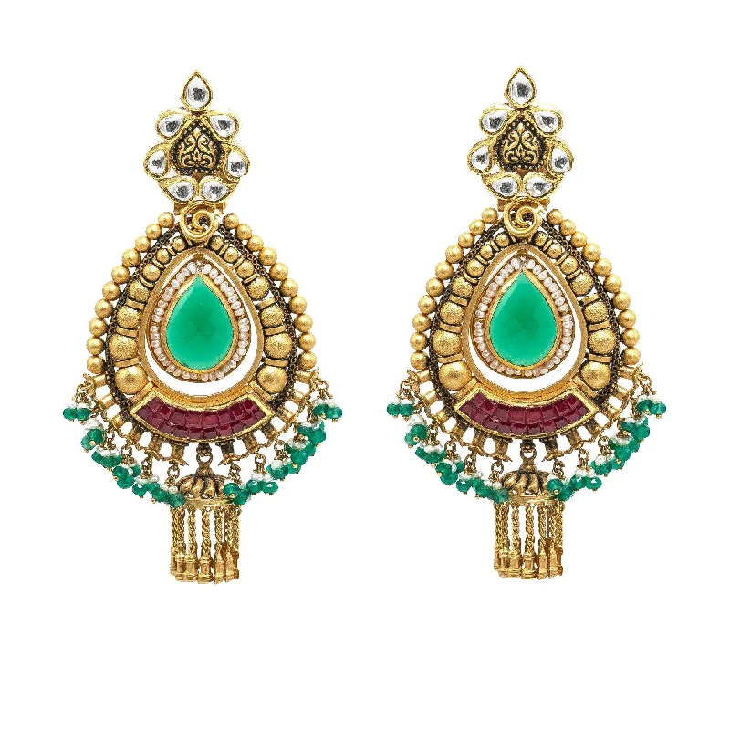 22K Yellow Gold JhumkiDrop Earrings W/ Rubies, Emeralds, Pearls, Kundan & Antique Finish Pendants