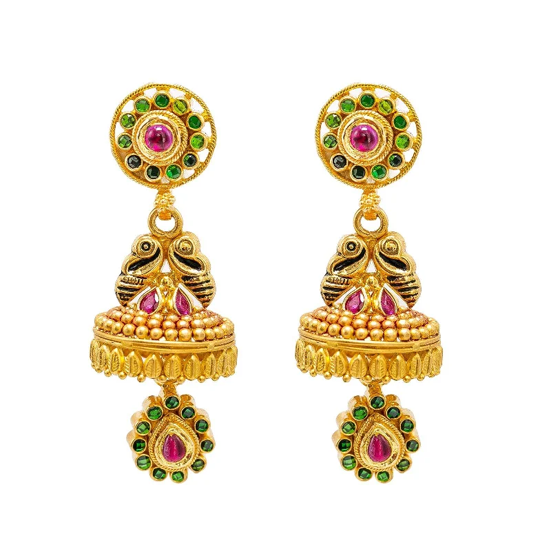 22K Yellow Gold Jumkhi Drop Earrings W/ Rubies, Emeralds & Hand Painted Details