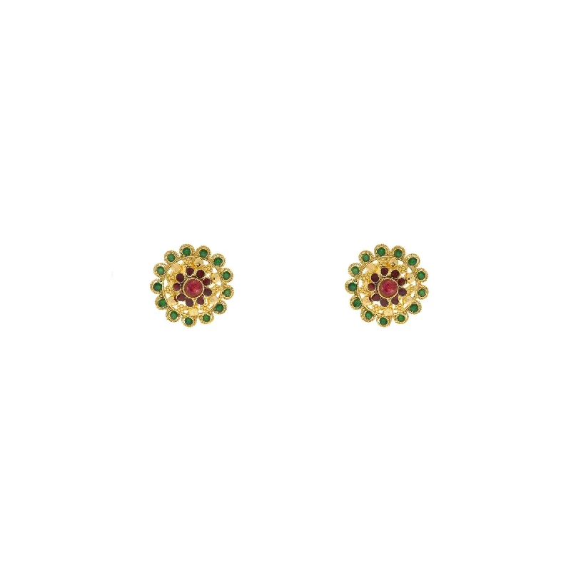 22K Yellow Gold Stud Earrings Finely Deatiled W/ Emerald & Rubies, 4.2 grams