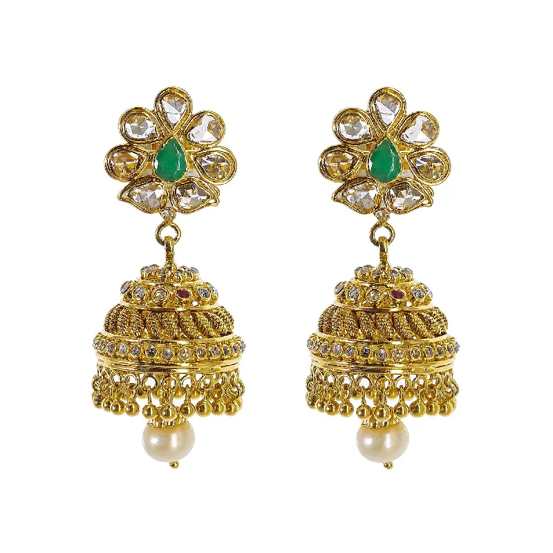 22K Yellow Gold Uncut Diamond Jhumki Earrings W/ 1.77ct Uncut Diamonds, Emeralds, Rubies & Drop Pearls