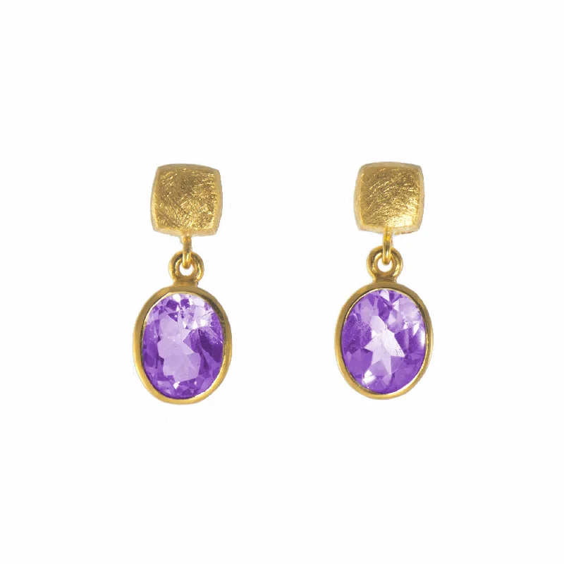 Amethyst Bezel Set Drop Earrings, 14 Karat Vermeil