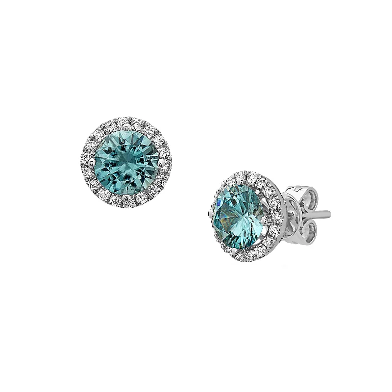 Blue Zircon and Diamond Halo Earrings, 14K White Gold