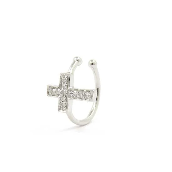 Diamond Cross Ear Cuff Single Earring, 14K White Gold