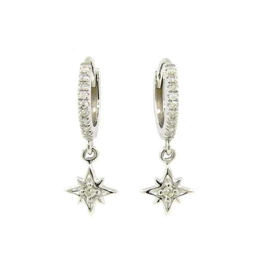 Tiny Hoops with Diamond Starburst Dangle, 14K White Gold