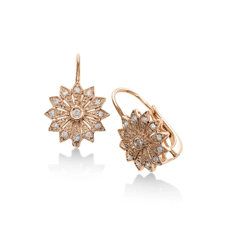 Flower Design Pavé Diamond Earrings, 14K Rose Gold