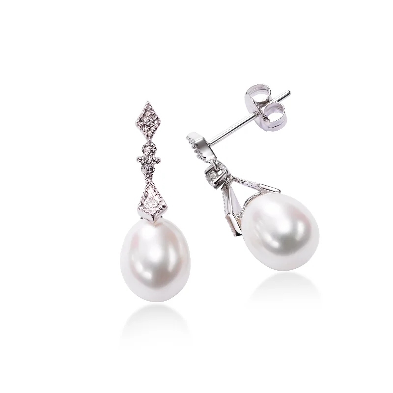 Freshwater Pearl and Diamond Dangle Earrings, 14K White Gold