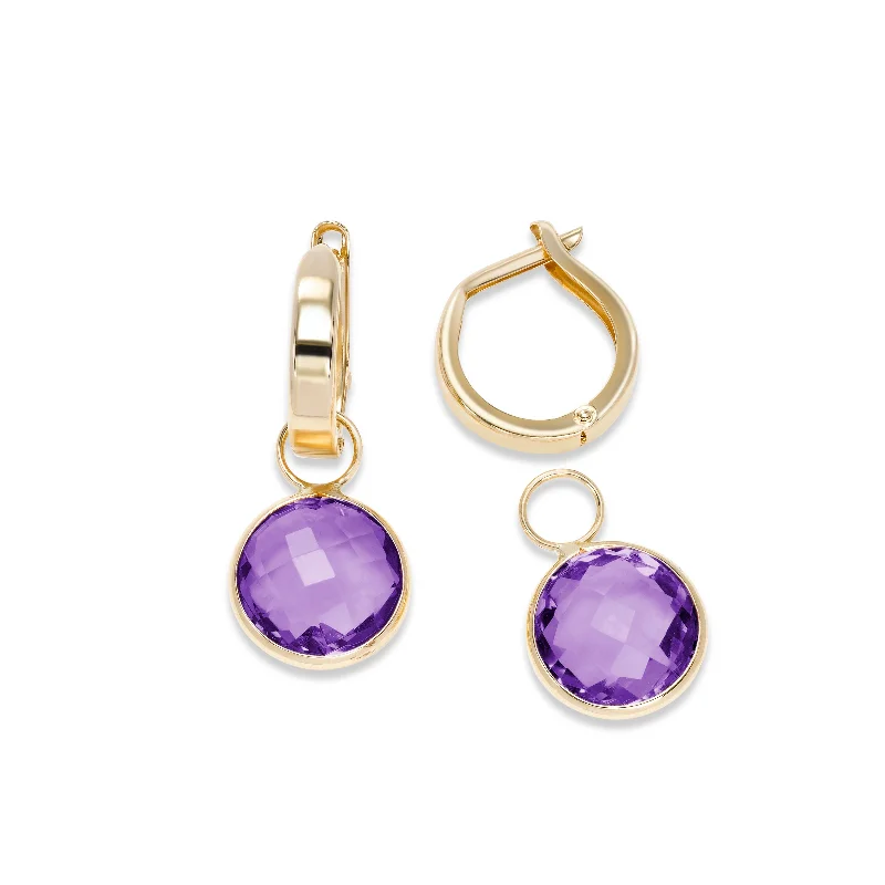 Hoop Earrings with Detachable Amethyst Dangles, 14K Yellow Gold