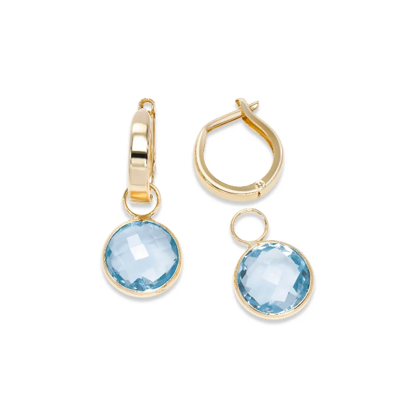 Hoop Earrings with Detachable 9.5MM Blue Topaz Dangles, 14K Yellow Gold