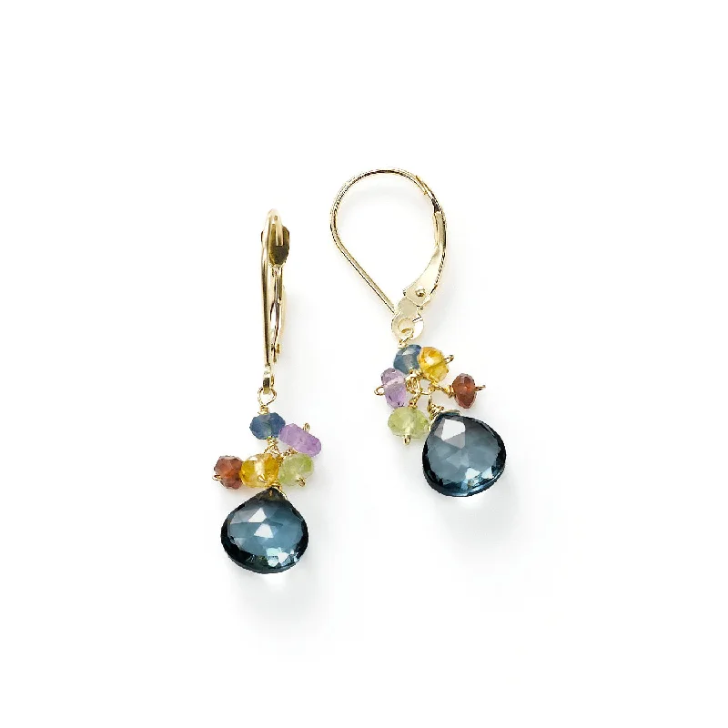 London Blue Topaz and Multi Gemstone Dangle Earrings, 14K Yellow Gold