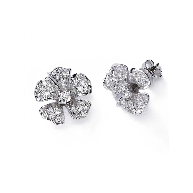 Magnolia Collection Diamond Flower Earrings, 14K White Gold