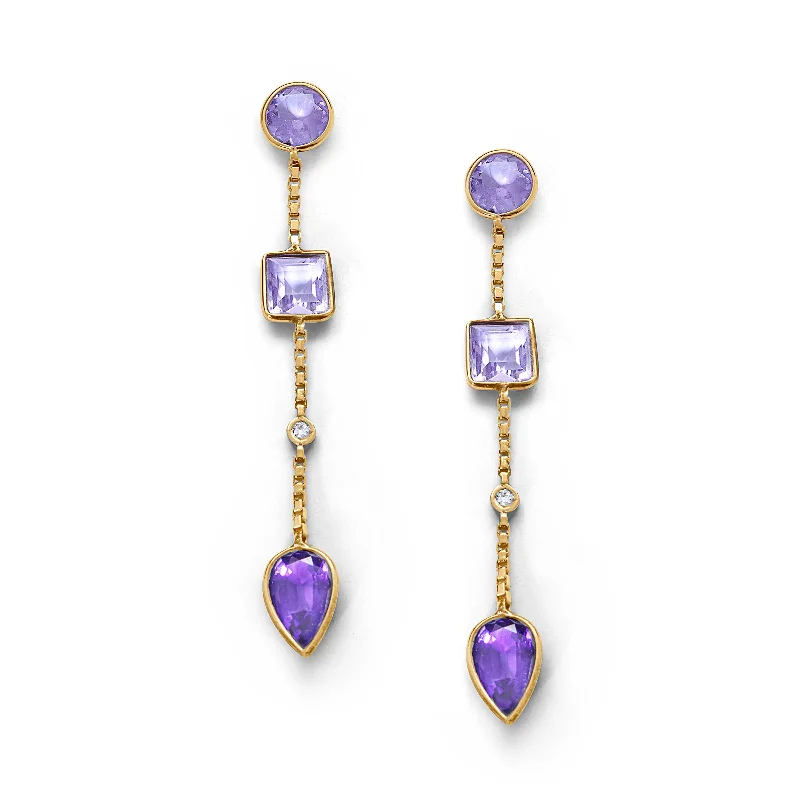 Multi Shape Amethyst Dangle Earrings, 14K Yellow Gold