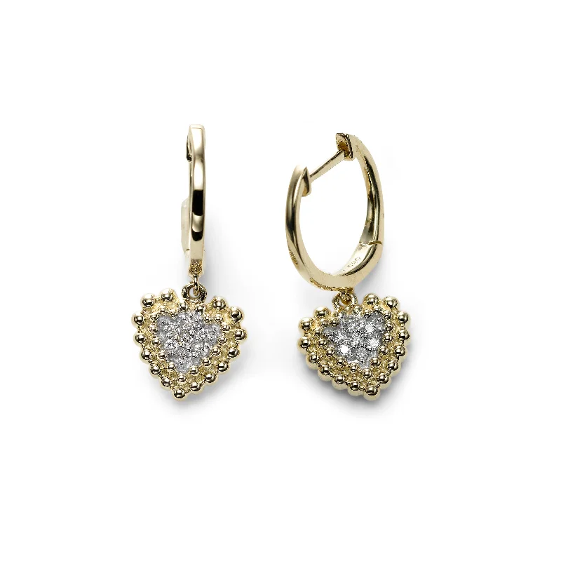 Pavé Diamond Heart Dangle Hoops, 14K Yellow Gold