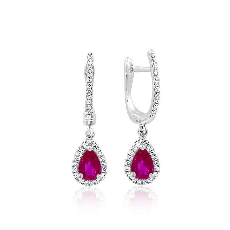 Pear Shaped Ruby and Diamond Drop Earrings, 14K White Gold