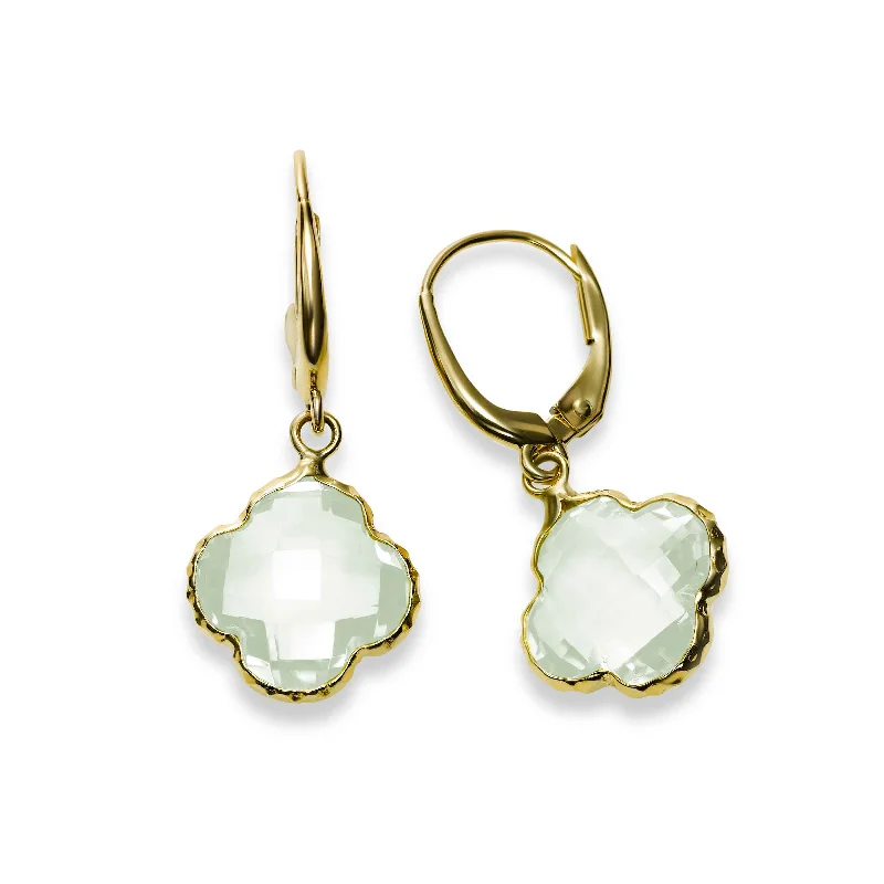 Prasiolite Clover Shaped Drop Earrings, 14K Yellow Gold