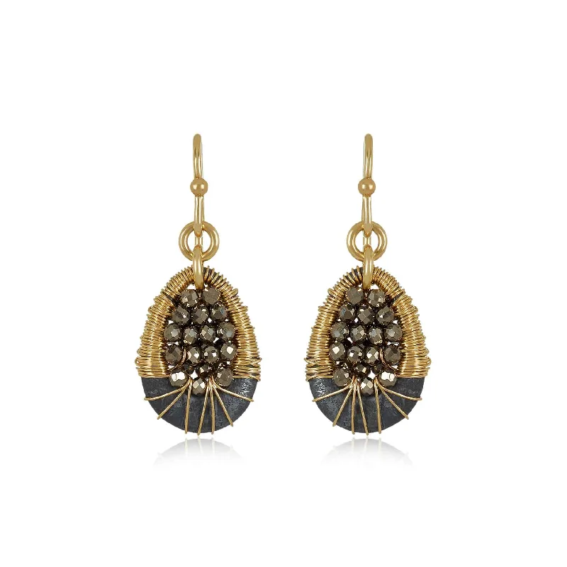 Pyrite Pear Shape Dangle Earrings, Yellow Gold Plating