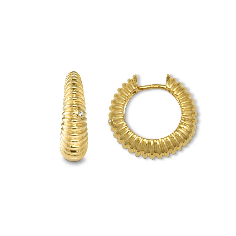 Ribbed Hoop Earrings, Yellow Gold Plated Silver