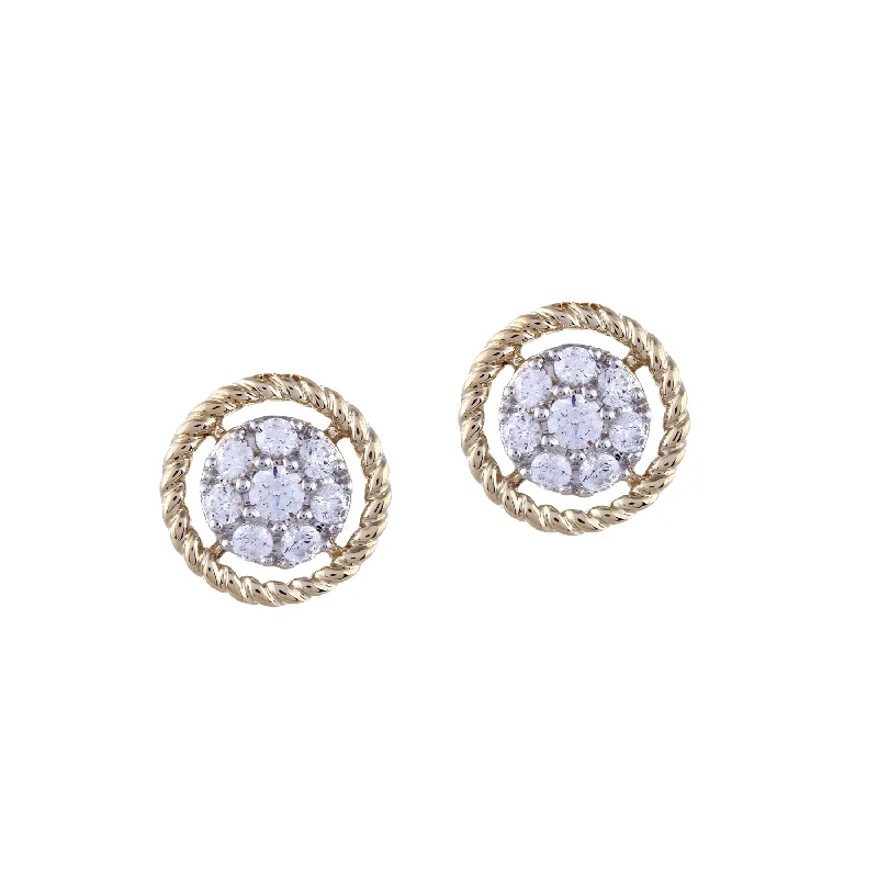 Rope Design Diamond Cluster Earrings, 14K Yellow Gold