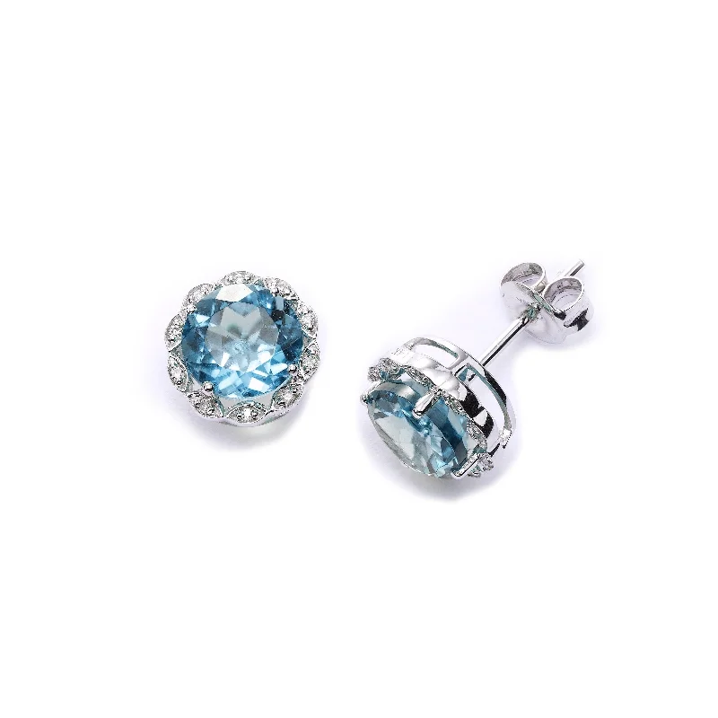 Round Faceted Blue Topaz and Diamond Earrings, 14K White Gold