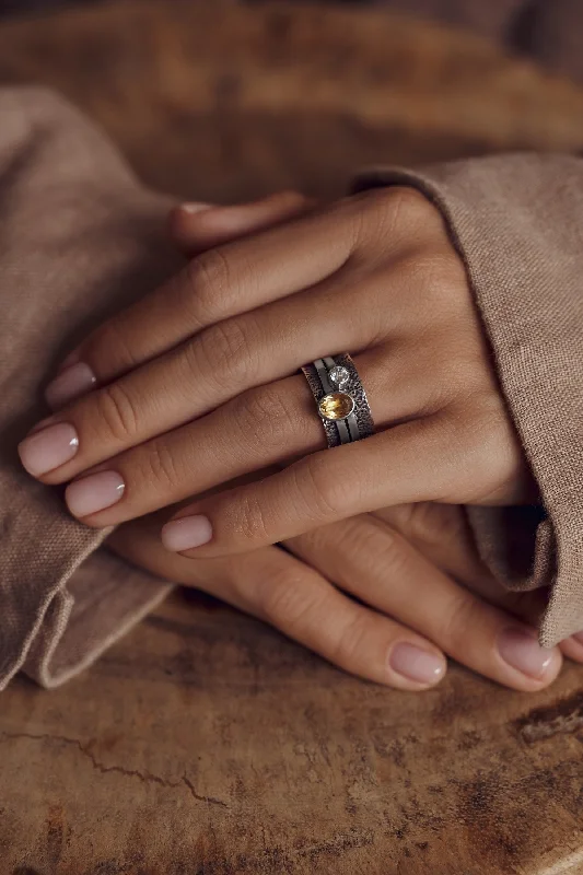 Mechanism Rustic Ring with Oval Facet Citrine & White Topaz