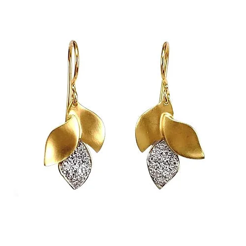 Triple Leaf Diamond Dangle Earrings, 14K Yellow Gold and Rhodium