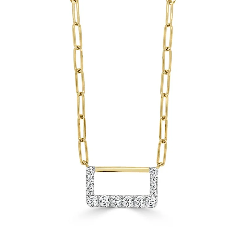 14k Gold Two-Tone Small Rectangular Shape Half Diamond Necklace