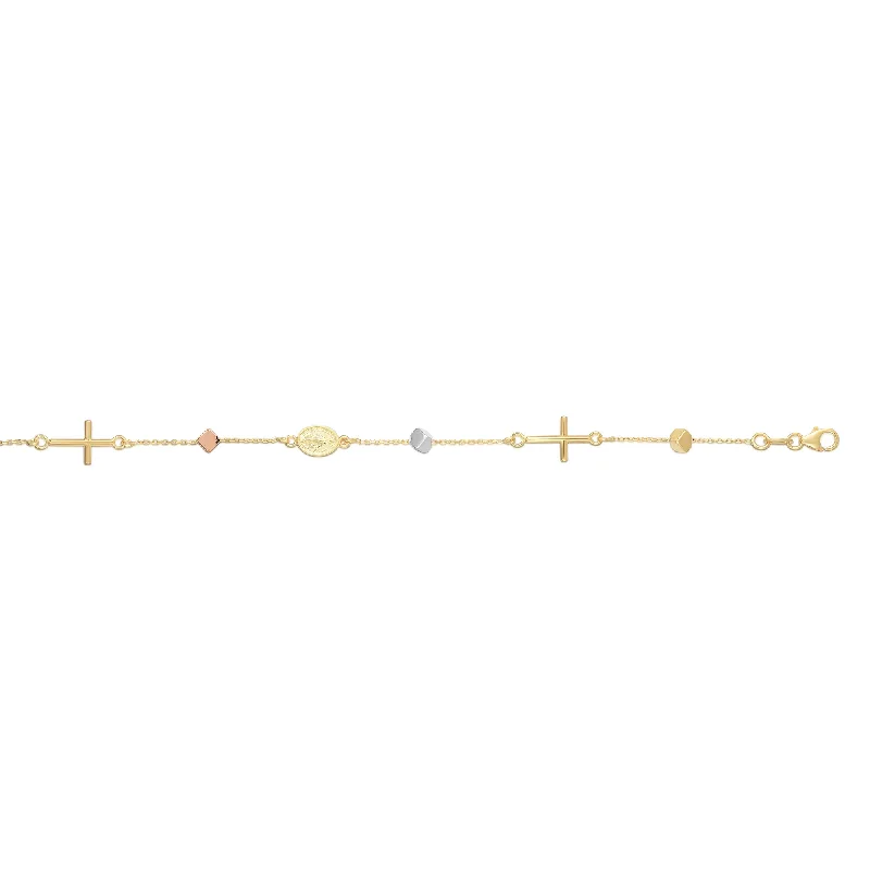 14K Tri-color Gold Polished Cube & Cross Bracelet