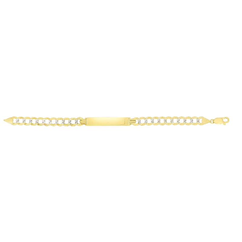 14kt Gold 8.5 inches Yellow+White Finish 6.7x45.7mm(CE),7.07mm(Ch) Pave Curb ID Bracelet with Lobster Clasp