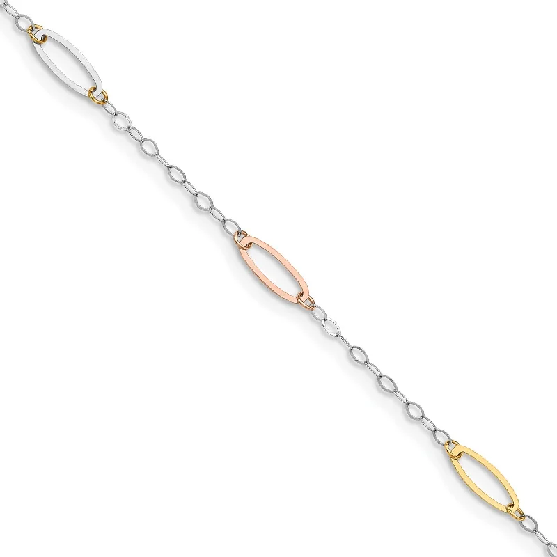 14KT Gold Tri-Color 7.5-inch 3MM Oval Link Bracelet