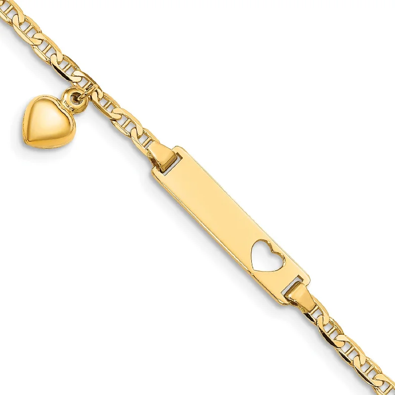 14KT Yellow Gold 6-inch Anchor Link ID Heart Bracelet