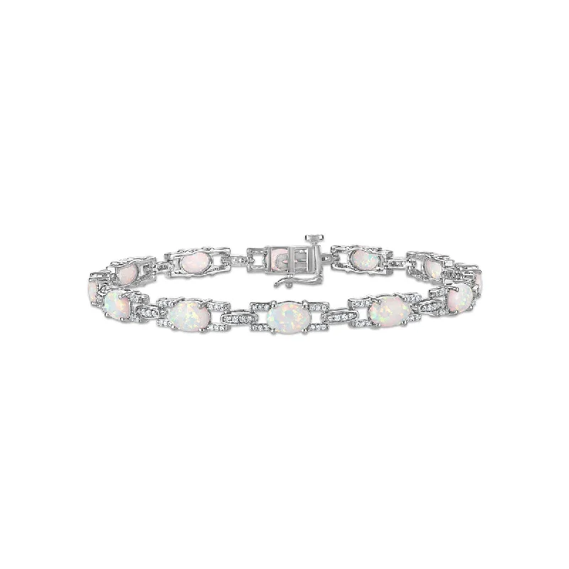 7X5MM Oval Opal and White Sapphire 7.5-inch Tennis Bracelet in Rhodium Plated Sterling Silver