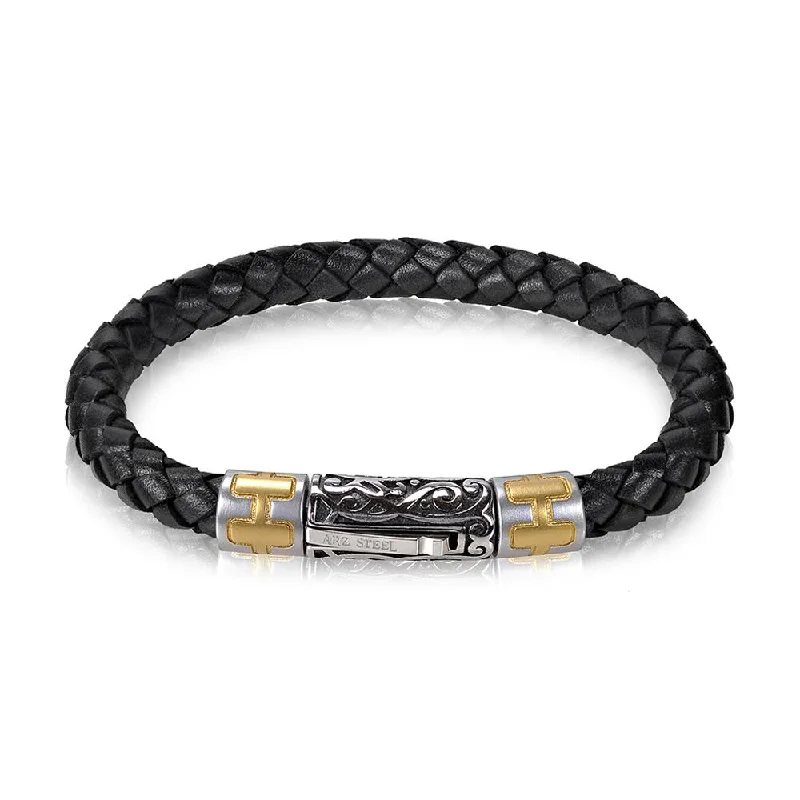 A.R.Z Men's 6mm Steel Black Leather 8.5  Bracelet