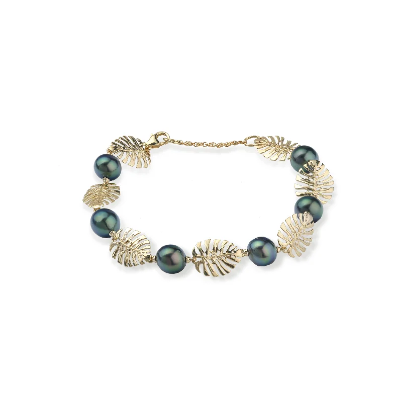 7.5-8.5" Adjustable Monstera Tahitian Black Pearl Bracelet in Gold - 8-9mm