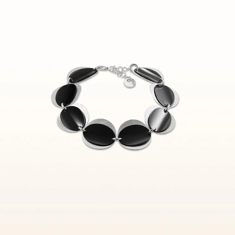 Black Enamel and 925 Sterling Silver Double Layer Concave Disc Bracelet