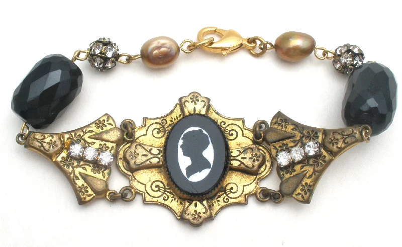 unique gemstone cocktail ring Cameo Silhouette Bead Rhinestone Brass Bracelet