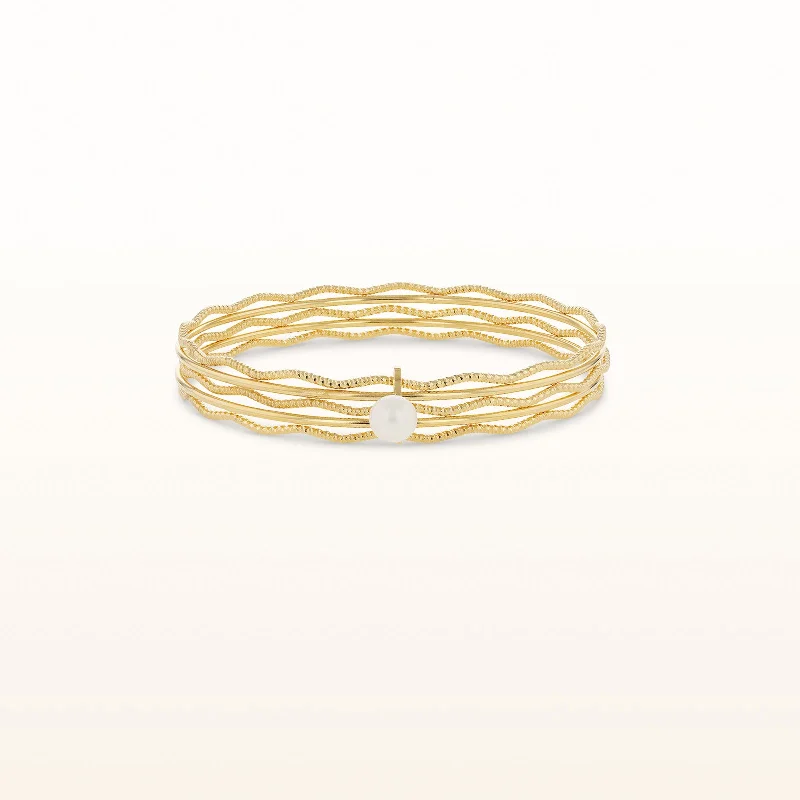 Freshwater Cultured Pearl and Yellow Gold Plated 925 Sterling Silver Multi-Row Textured Bangle Bracelet