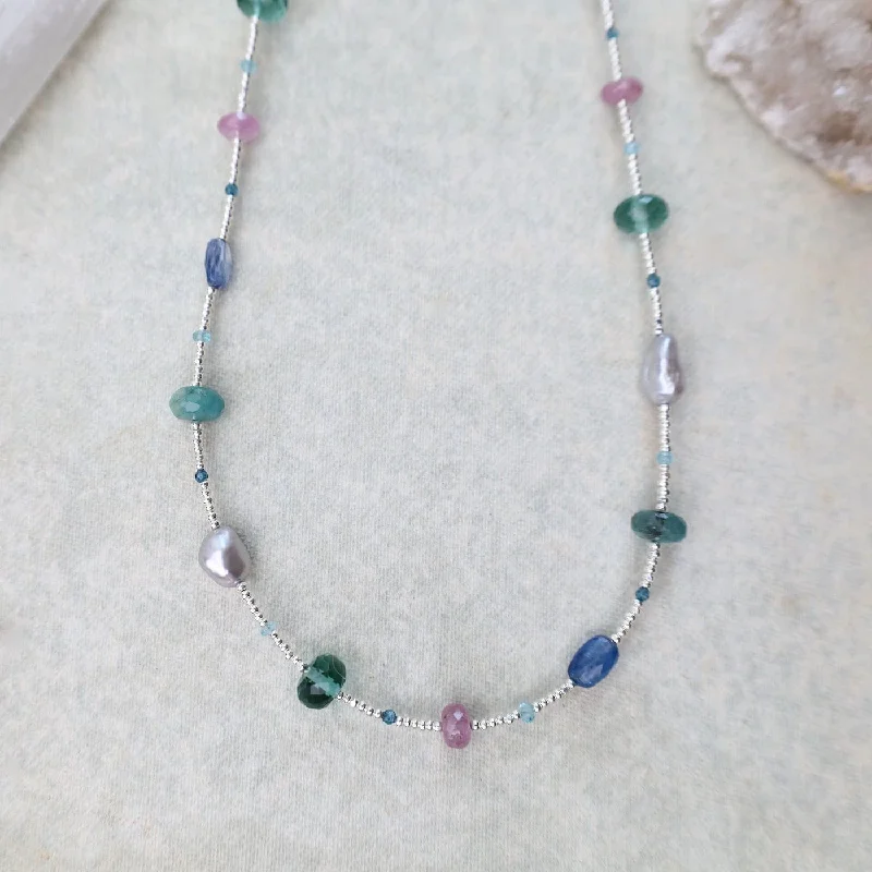 Silver Glass Necklace with Kyanite, Quartz, Pearl, Sapphire, Grandidierite, & Apatite