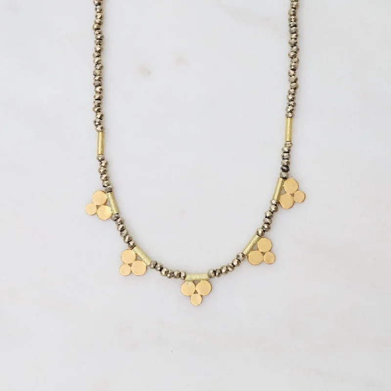 Pyrite Bead Necklace with Five 22k Trios