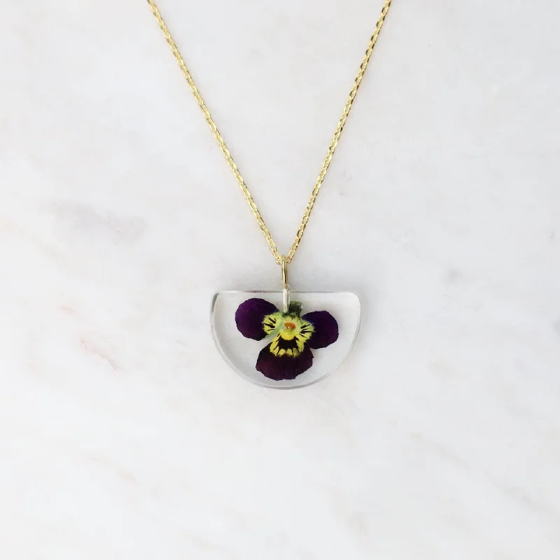 Botanical Small Half Moon Purple Viola Flower Necklace